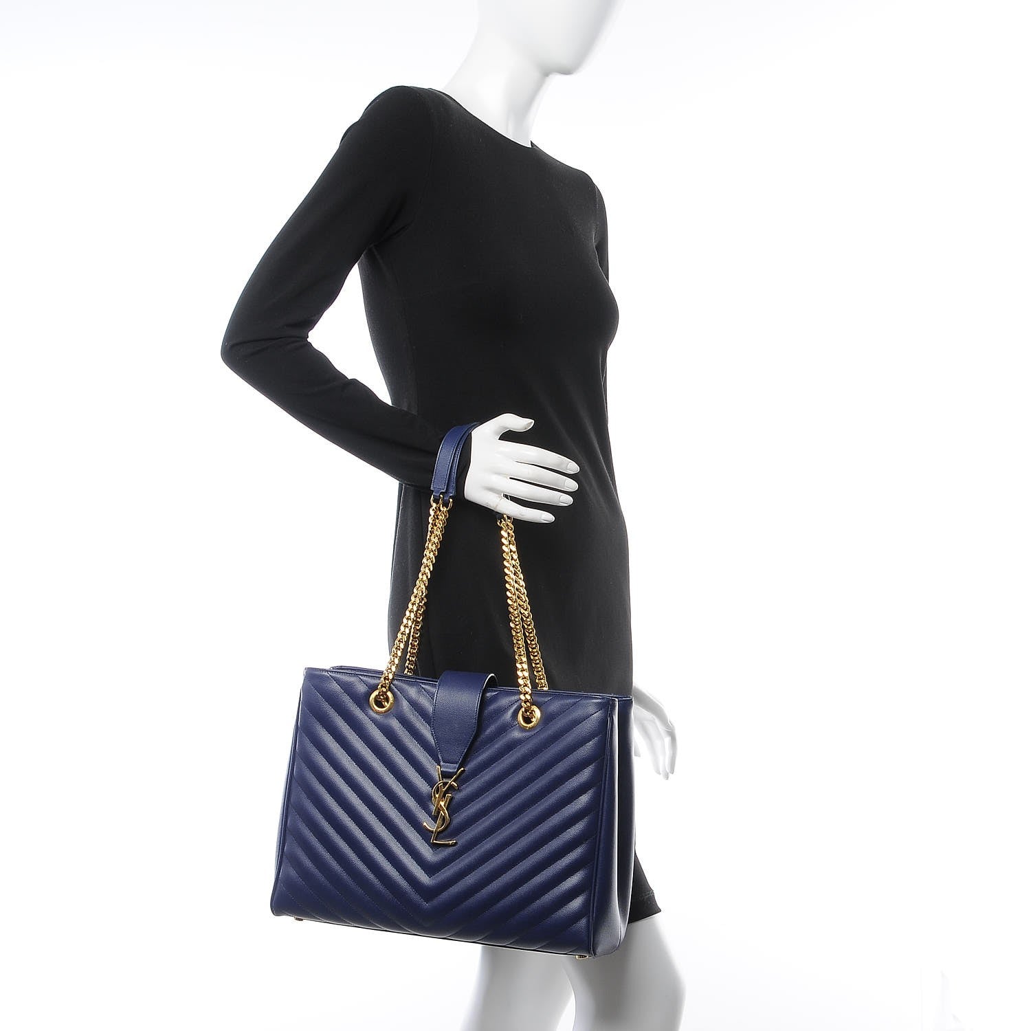 Saint Laurent Grain De Poudre Matelasse Chevron Monogram Shopping Bag Deep Marine 2 of 14