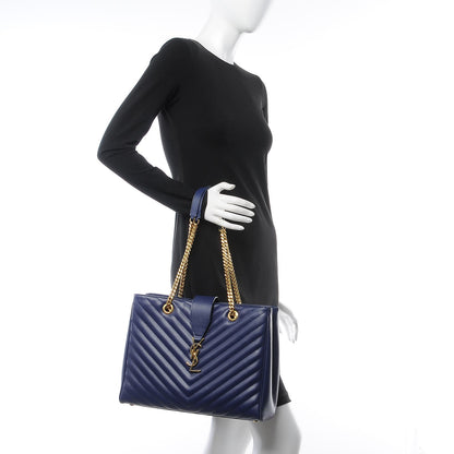 Saint Laurent Grain De Poudre Matelasse Chevron Monogram Shopping Bag Deep Marine 2 of 14