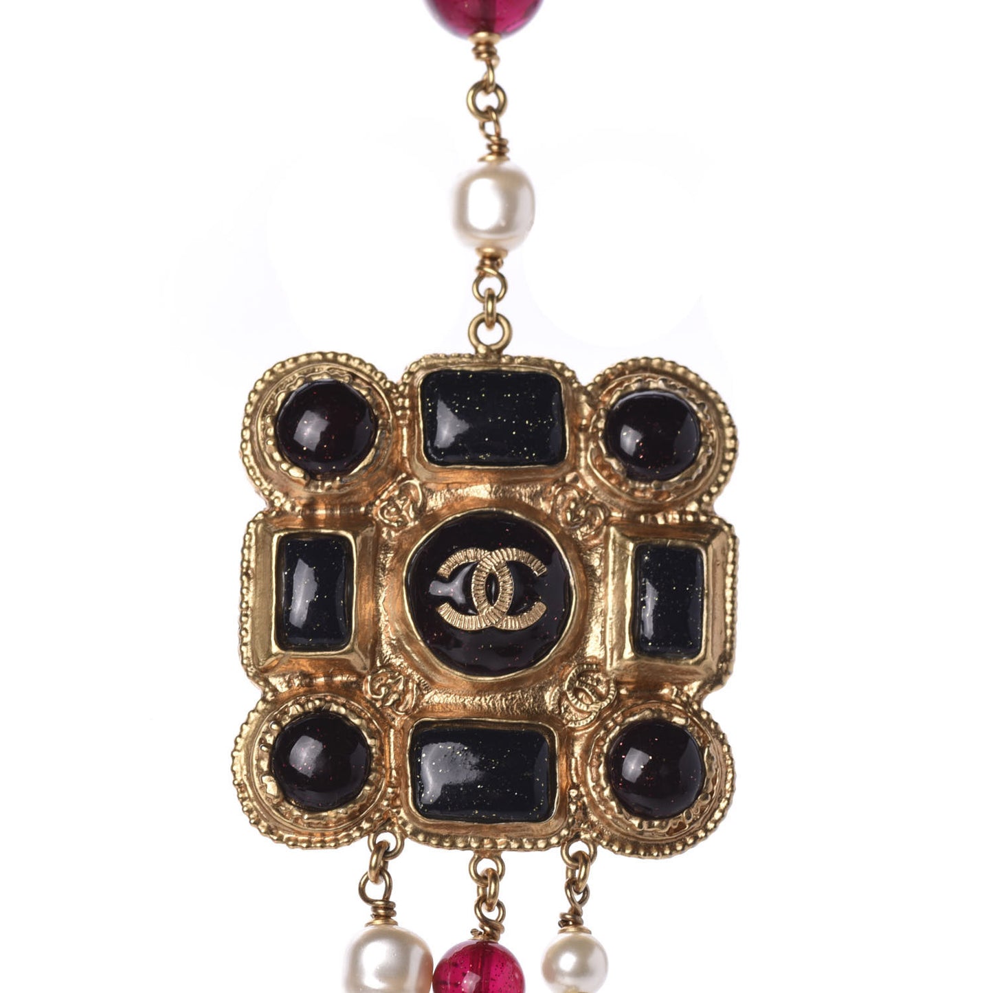 Pearl Bead CC Medallion Long Necklace Gold Red