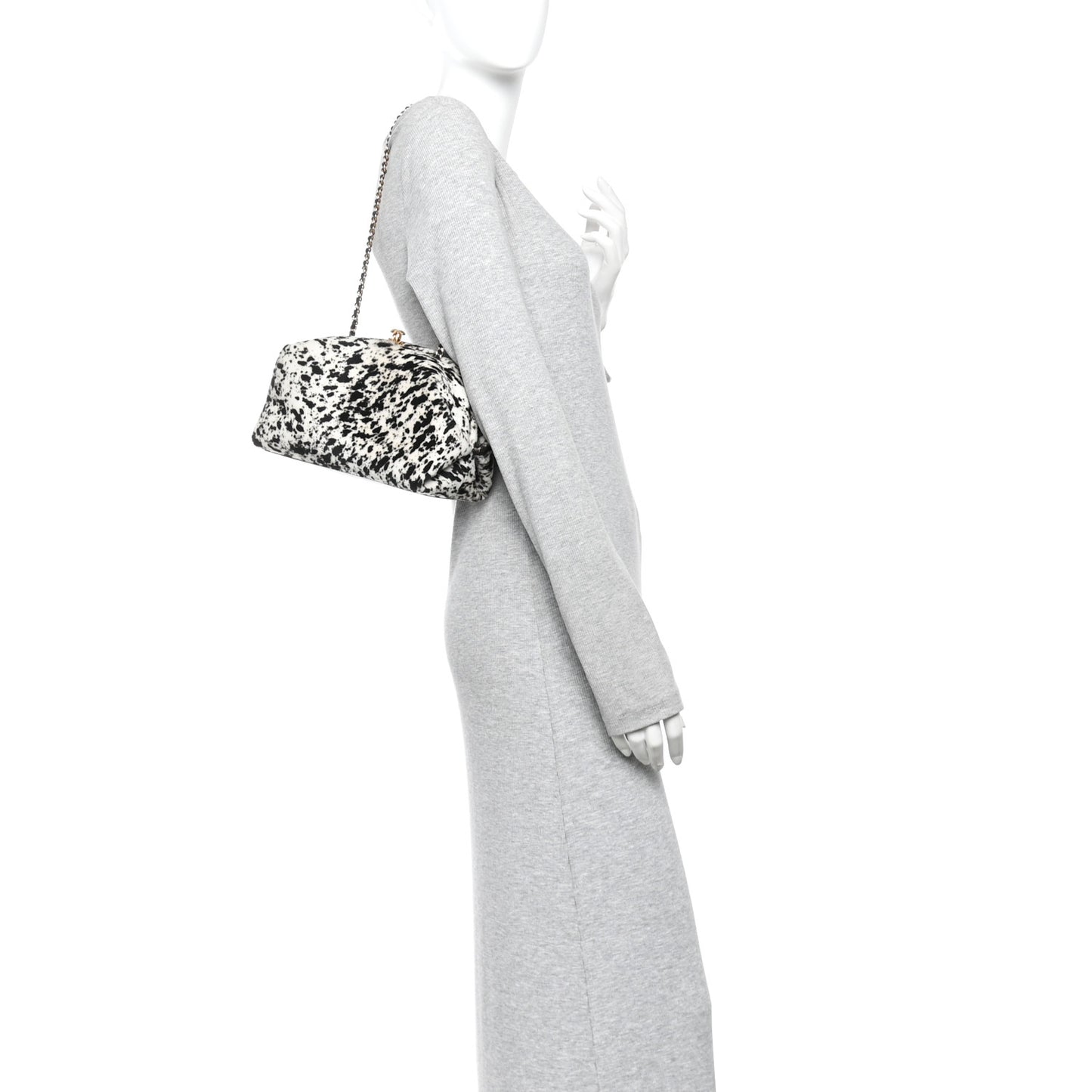 Lambskin Pony Hair Printed Clutch With Chain Black White