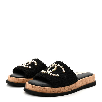 Chanel Fabric Pearl Cork CC Slip On Sandals 40 Black 38 Black 3 of 10