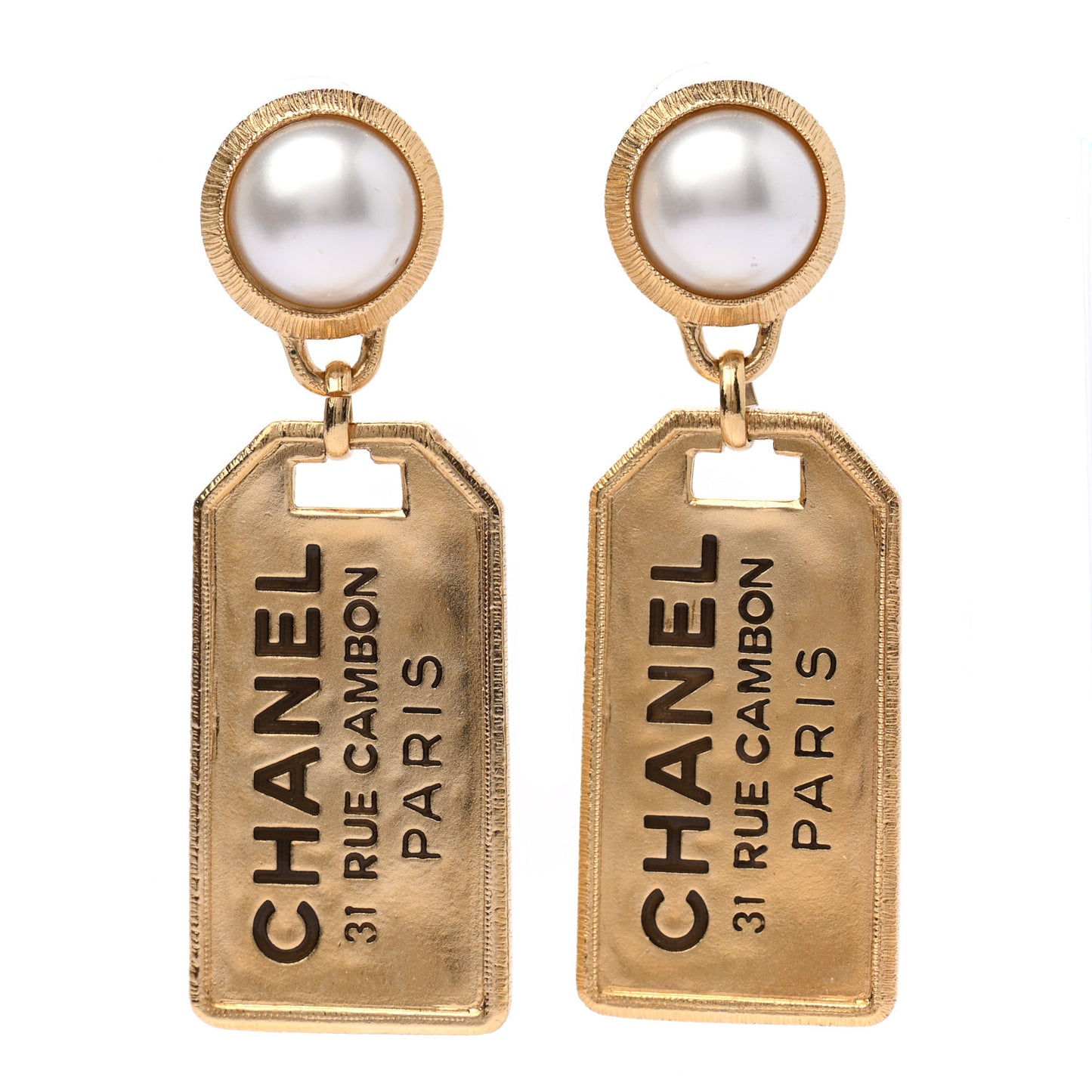 Pearl CC Tags Drop Earrings Gold