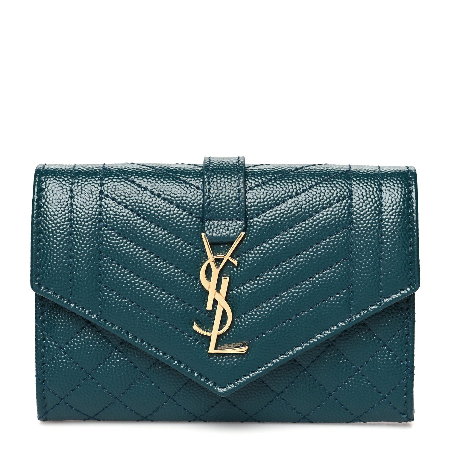 Saint Laurent Grain De Poudre Textured Mixed Matelasse Triquilt Small Monogram Envelope Wallet Sea Turquoise 1 of 11