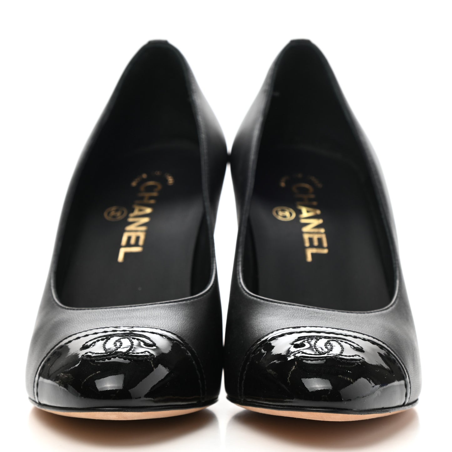 Lambskin Patent Calfskin Cap Toe CC Pumps 37 Black