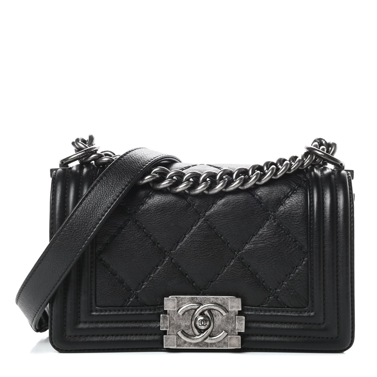 Calfskin Double Stitch Small Boy Flap Black