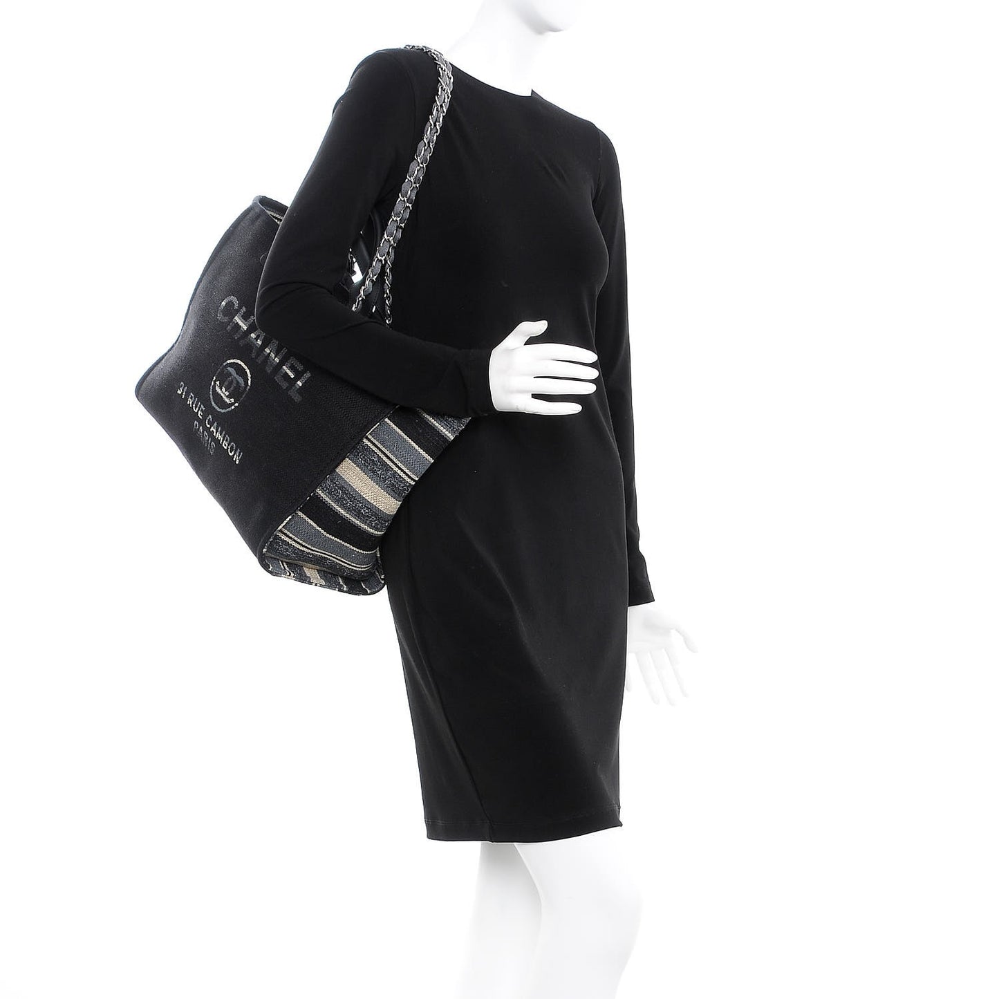 Striped Canvas Medium Deauville Tote Grey Black