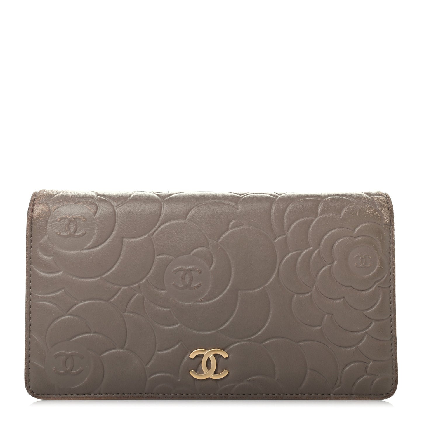 Lambskin Camellia Embossed Yen Wallet Beige