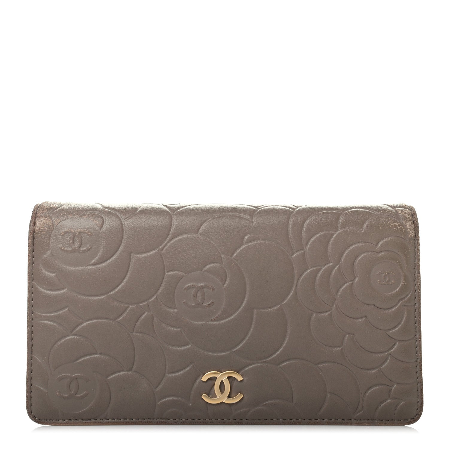Chanel Lambskin Camellia Embossed Yen Wallet Beige 1 of 6