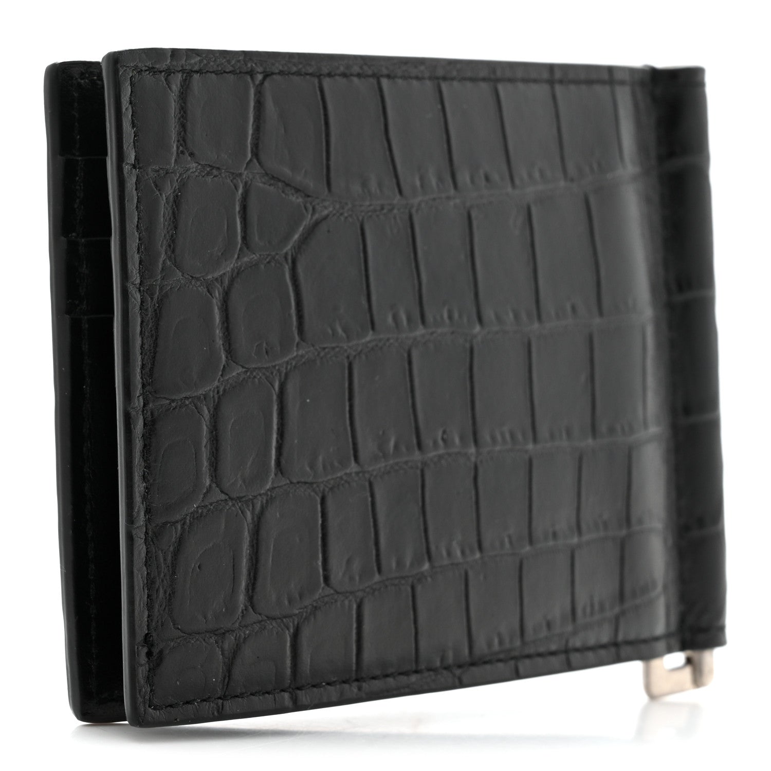 Saint Laurent Calfskin Crocodile Embossed Bill Clip Card Case Black 3 of 7