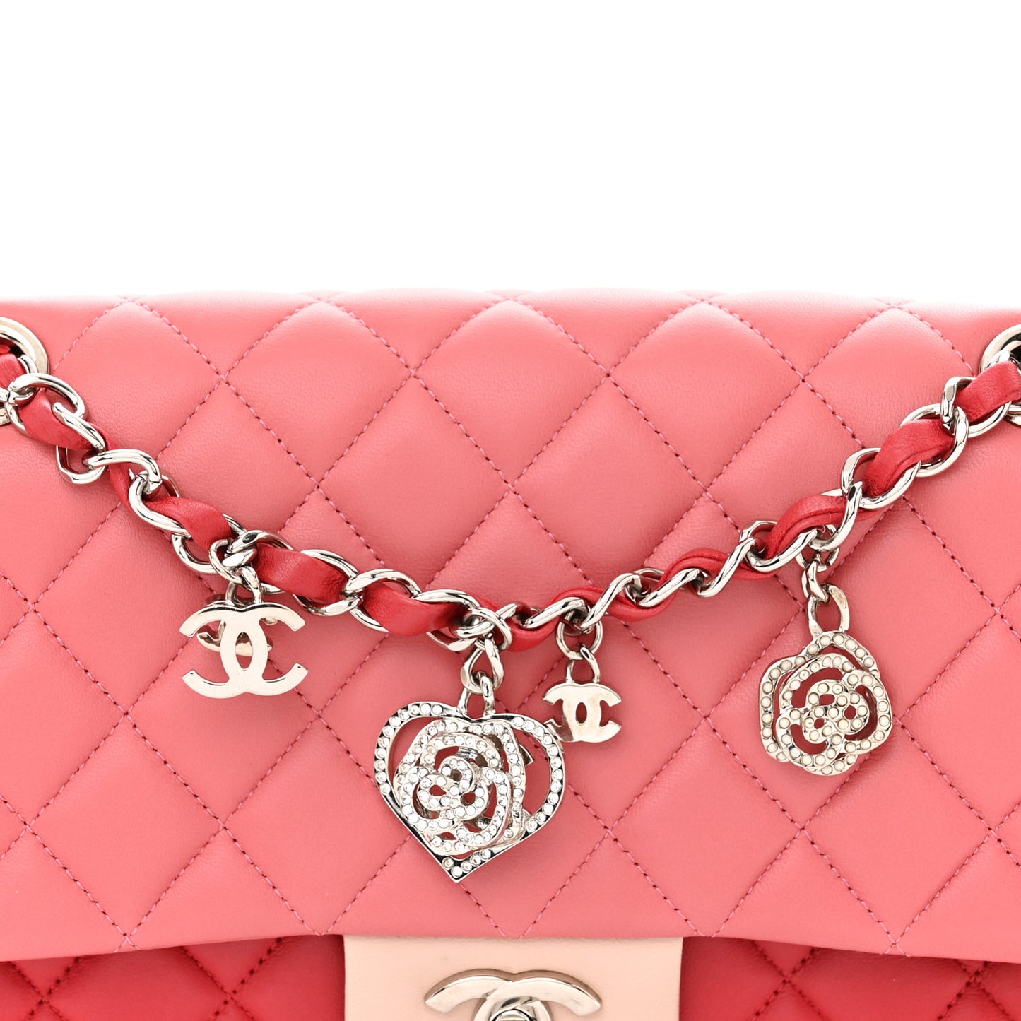 Lambskin Quilted Tri-Color Medium Valentine Charms Single Flap Pink