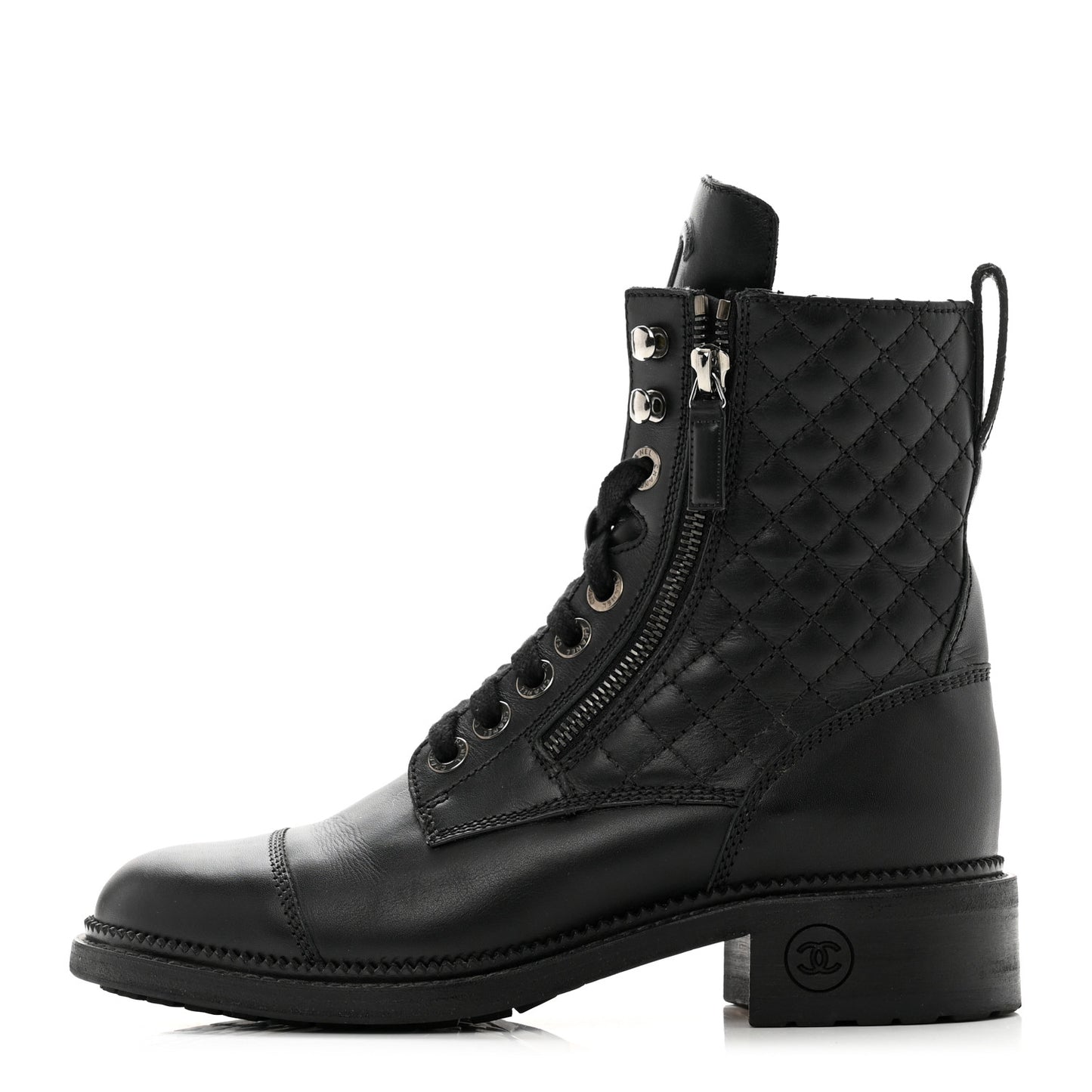 Calfskin Quilted Lace Up Combat Boots 37 Black