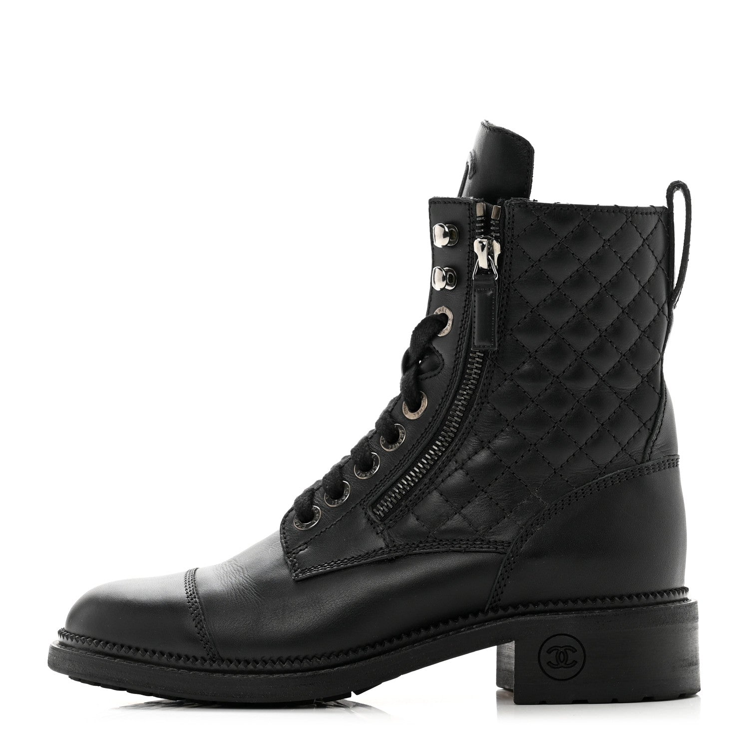 Chanel Calfskin Quilted Lace Up Combat Boots 37 Black 1 of 10