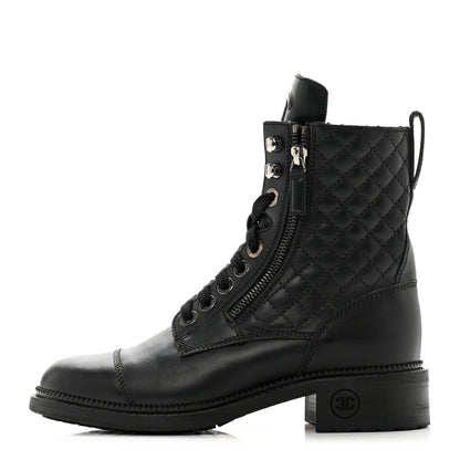 Chanel Calfskin Quilted Lace Up Combat Boots 37 Black 1 of 10