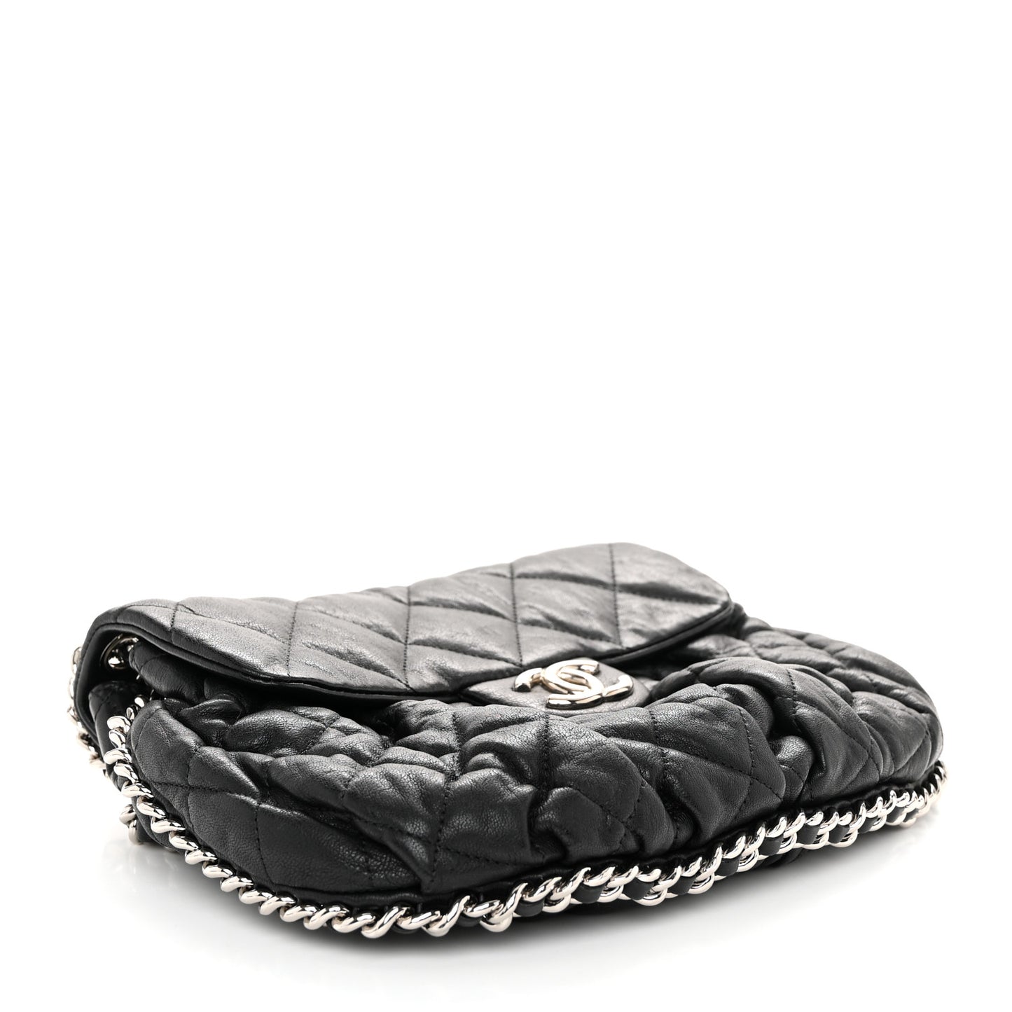 Washed Lambskin Quilted Medium Chain Around Flap Black