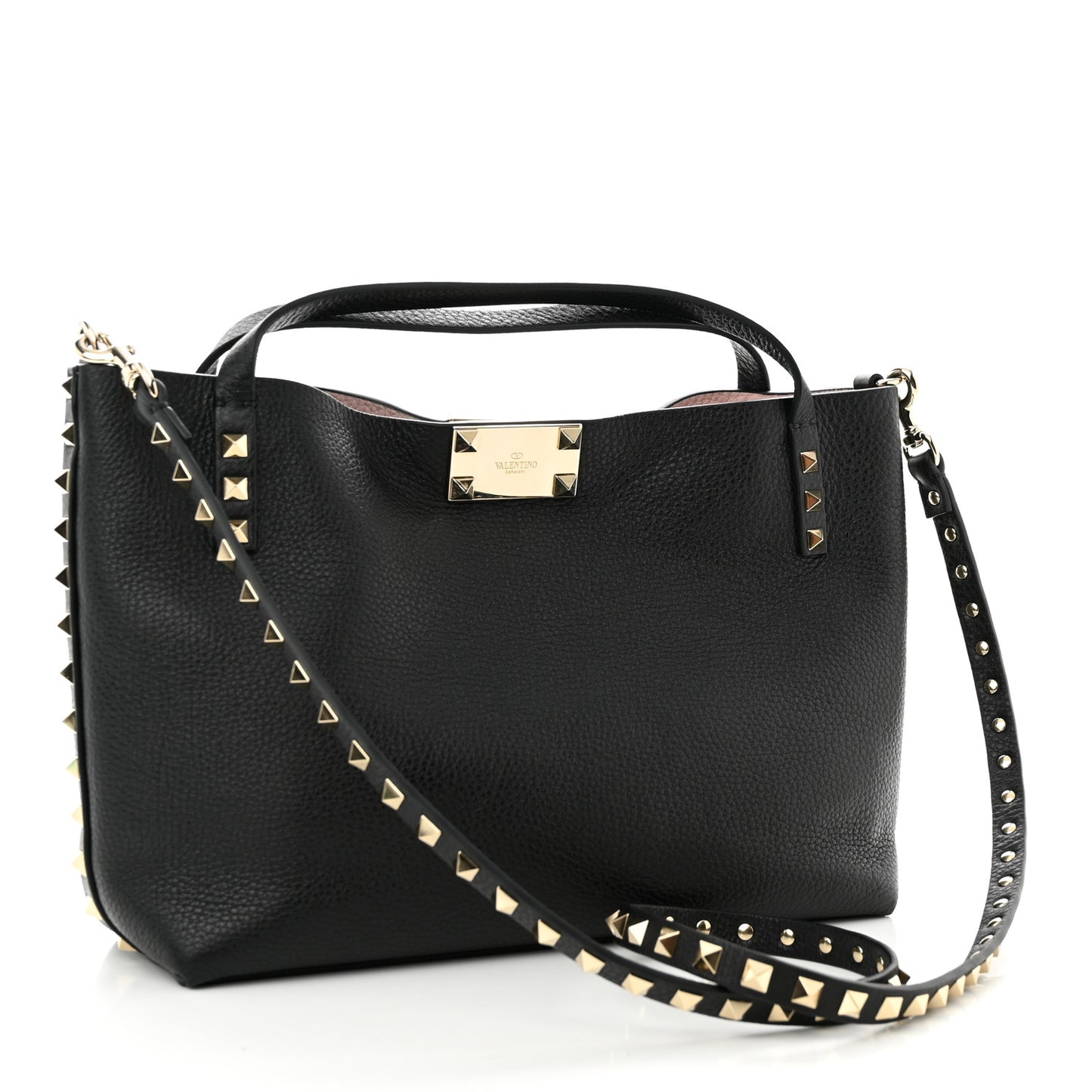 Grained Calfskin Small Rockstud Flip Lock Tote Black Rose Quartz