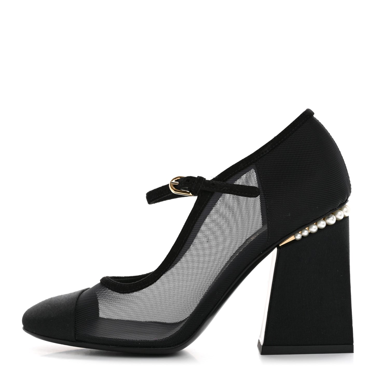 Mesh Suede Grosgrain Pearls Cap Toe Mary Jane Pumps  37.5 Black