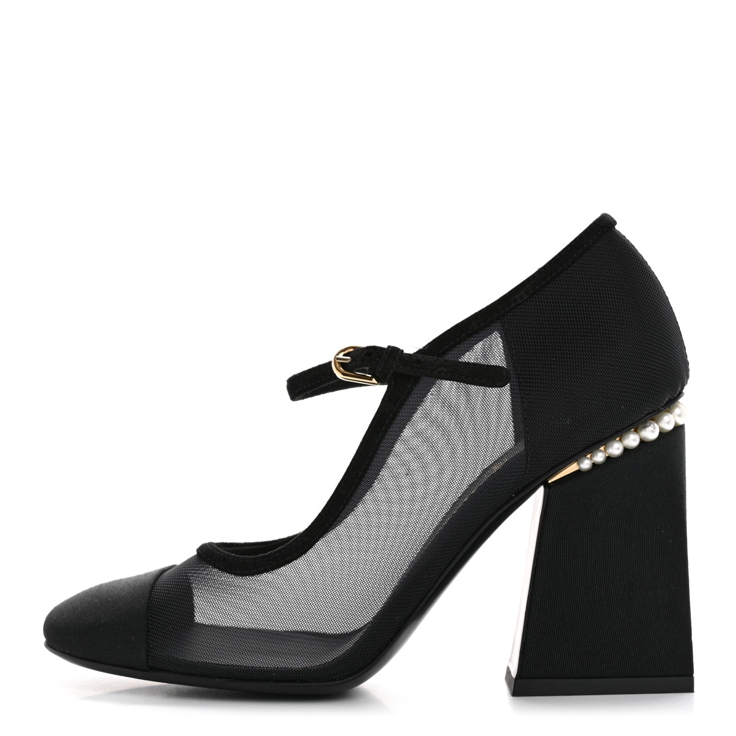 Chanel Mesh Suede Grosgrain Pearls Cap Toe Mary Jane Pumps  37.5 Black 1 of 14