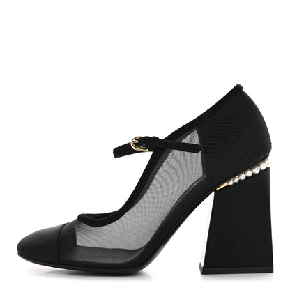 Chanel Mesh Suede Grosgrain Pearls Cap Toe Mary Jane Pumps  37.5 Black 1 of 14