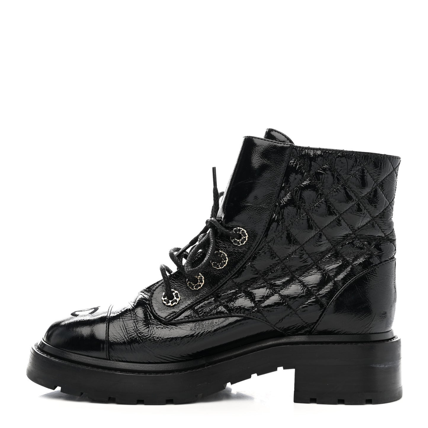 Shiny Lambskin Quilted Lace Up Combat Boots 38.5 Black