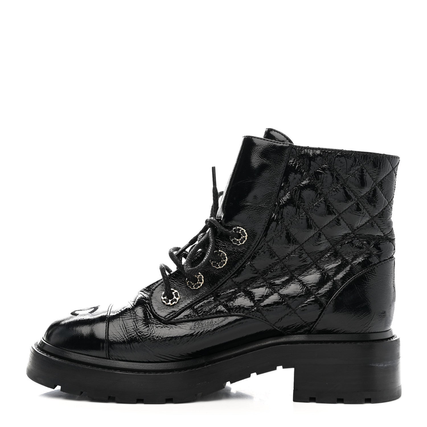 Chanel Shiny Lambskin Quilted Lace Up Combat Boots 38.5 Black 1 of 10