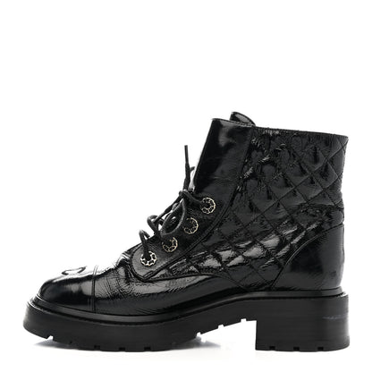 Chanel Shiny Lambskin Quilted Lace Up Combat Boots 38.5 Black 1 of 10