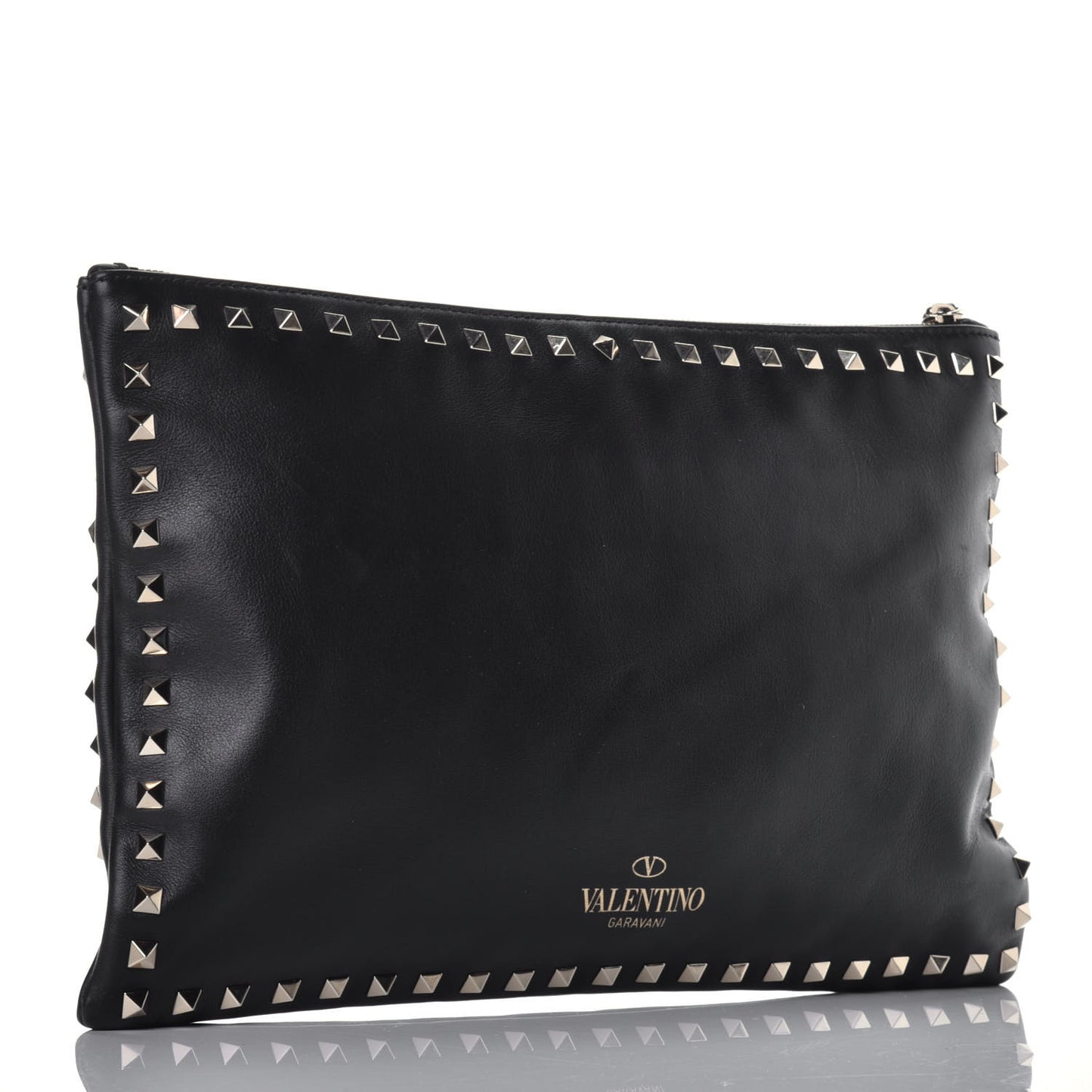 Vitello Large Rockstud Zip Wristlet Pouch Black