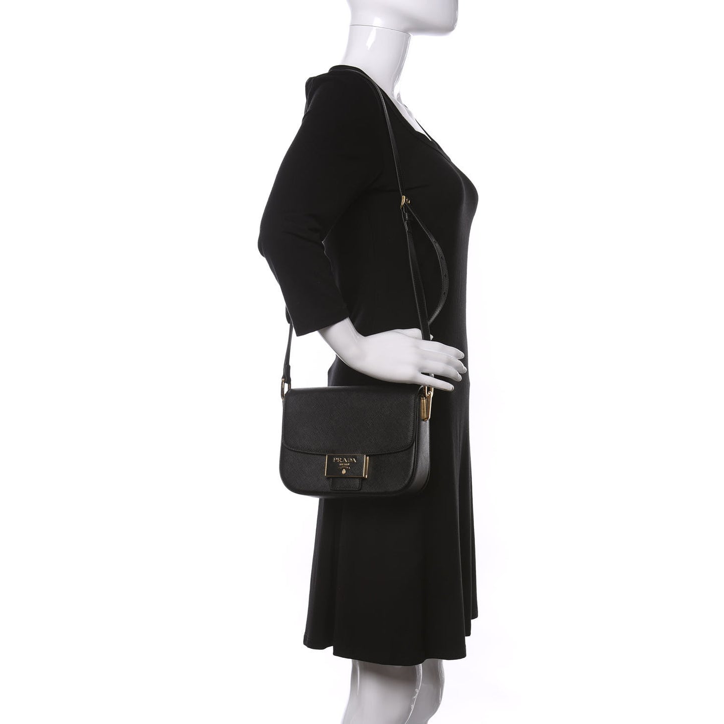 Saffiano Lux Embleme Flap Shoulder Bag Black