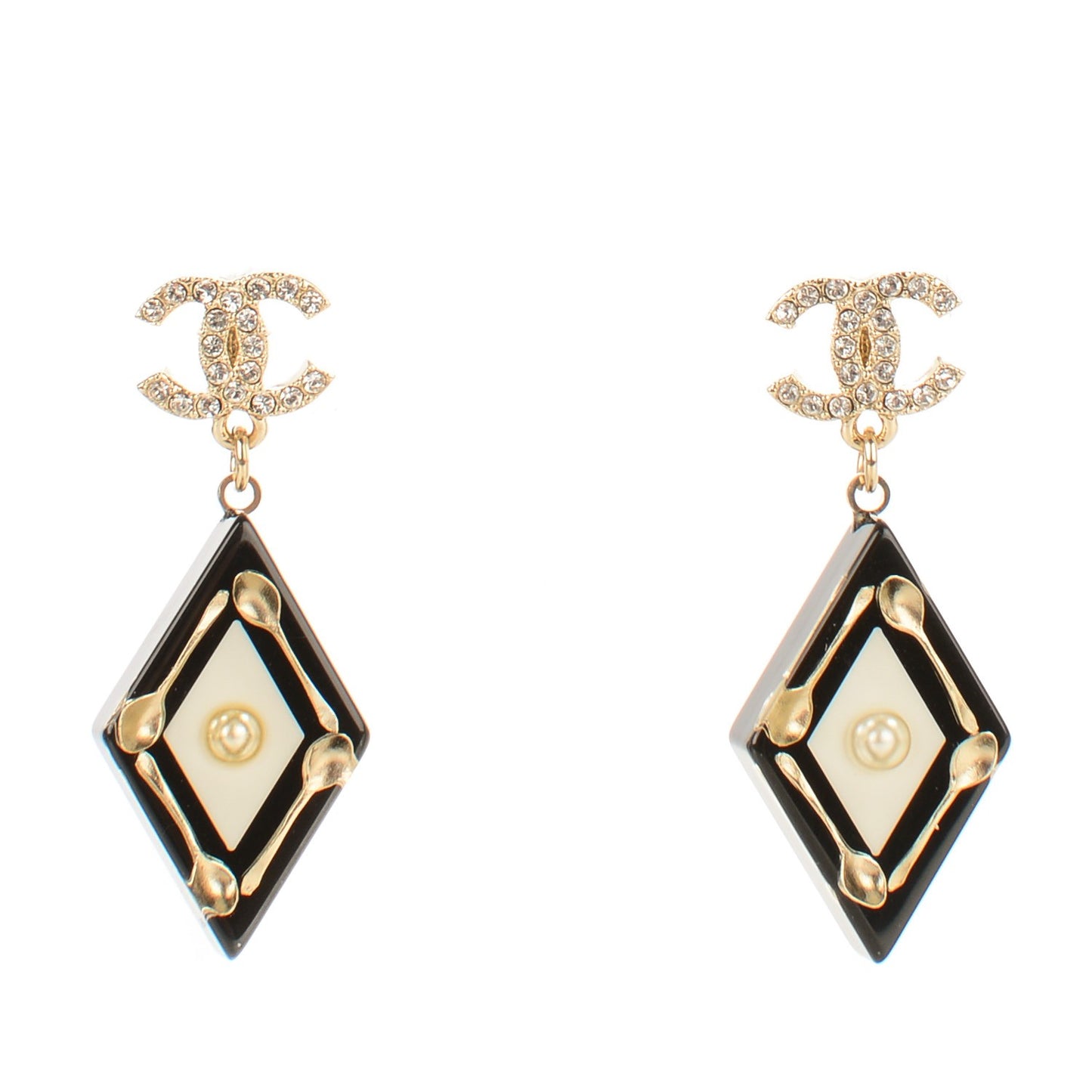 Crystal Resin Spoon Brasserie CC Drop Earrings Black White