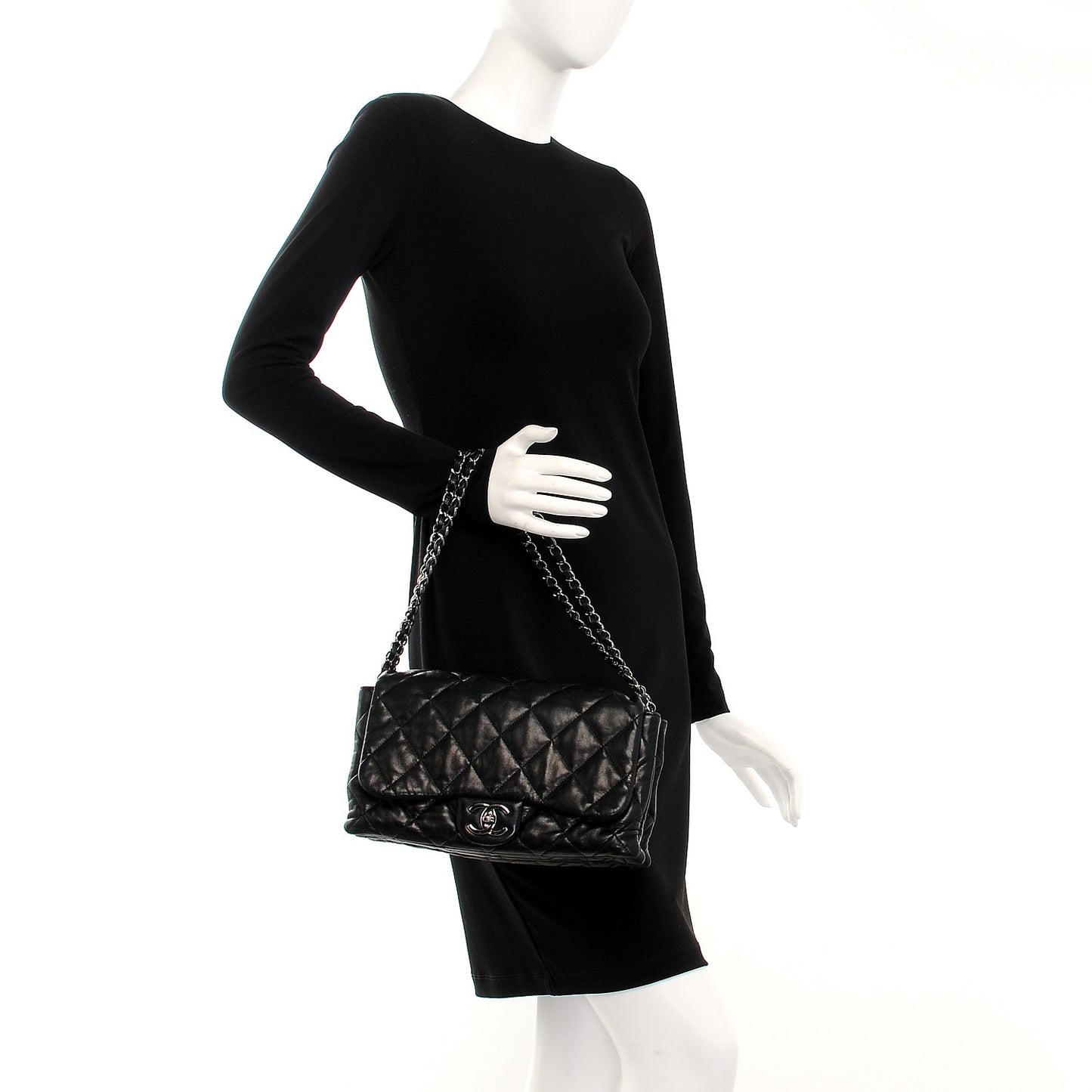 Lambskin Quilted 3 Accordion Flap Bag Black