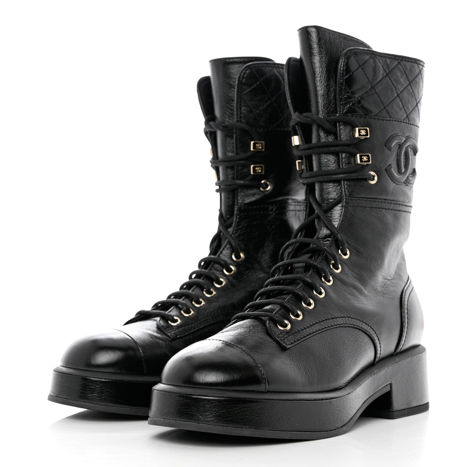 Chanel Shiny Calfskin Quilted CC Lace Up Combat Boots 38.5 Black 3 of 9