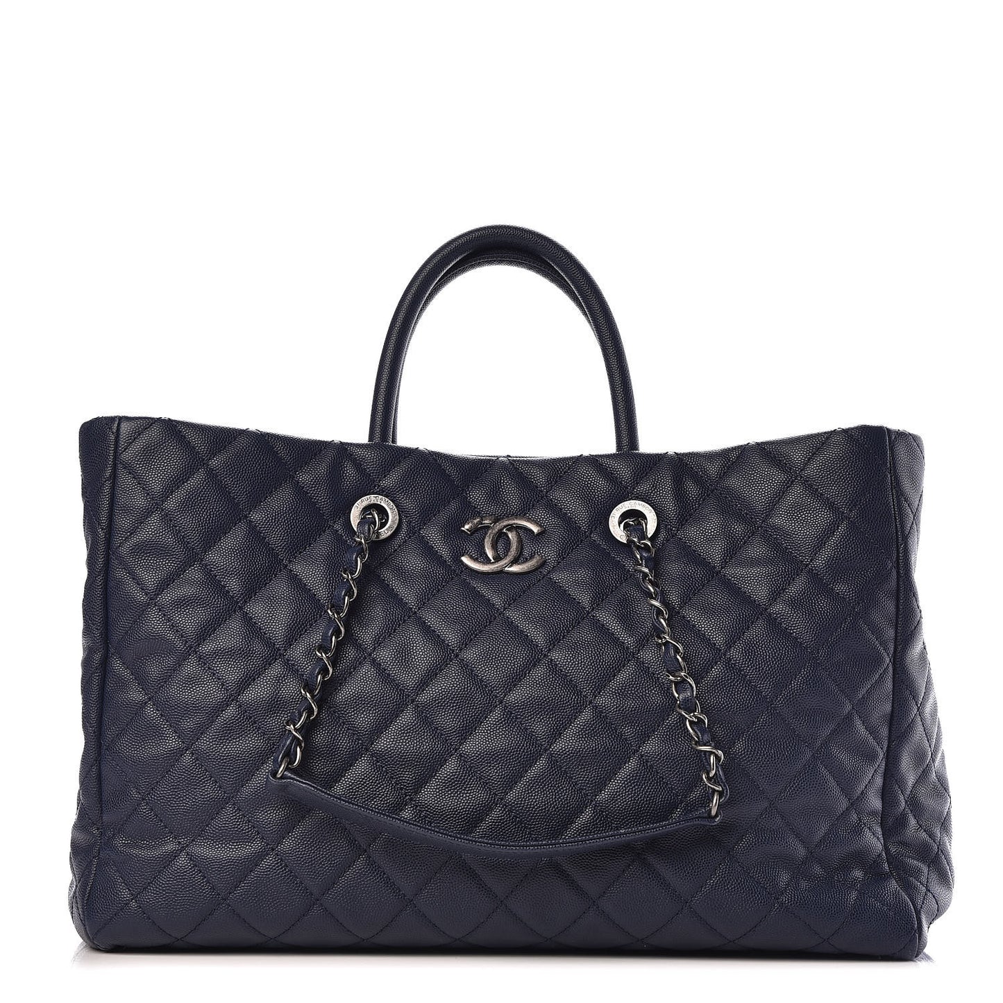 Caviar Quilted Large Coco Handle Shopping Tote Navy