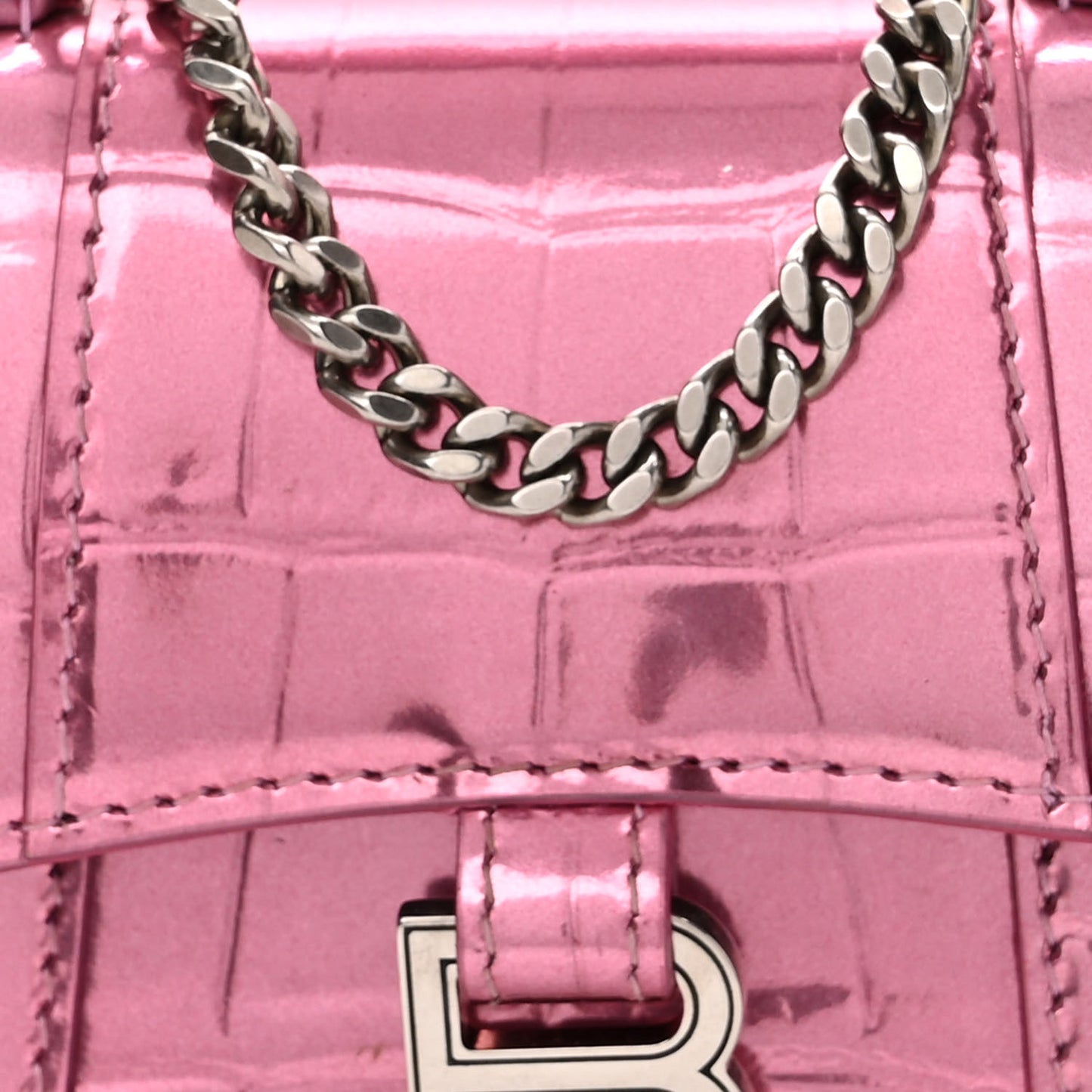 Metallic Calfskin Crocodile Embossed Hourglass Top Handle Bag Mini with Chain Pink
