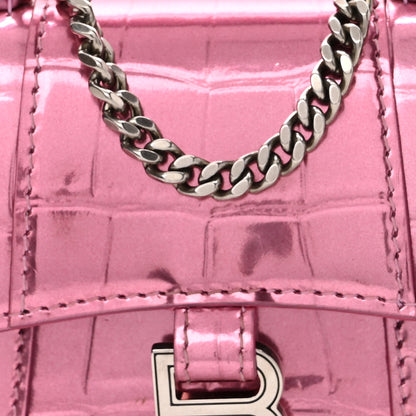 Balenciaga Metallic Calfskin Crocodile Embossed Hourglass Top Handle Bag Mini with Chain Pink 7 of 9