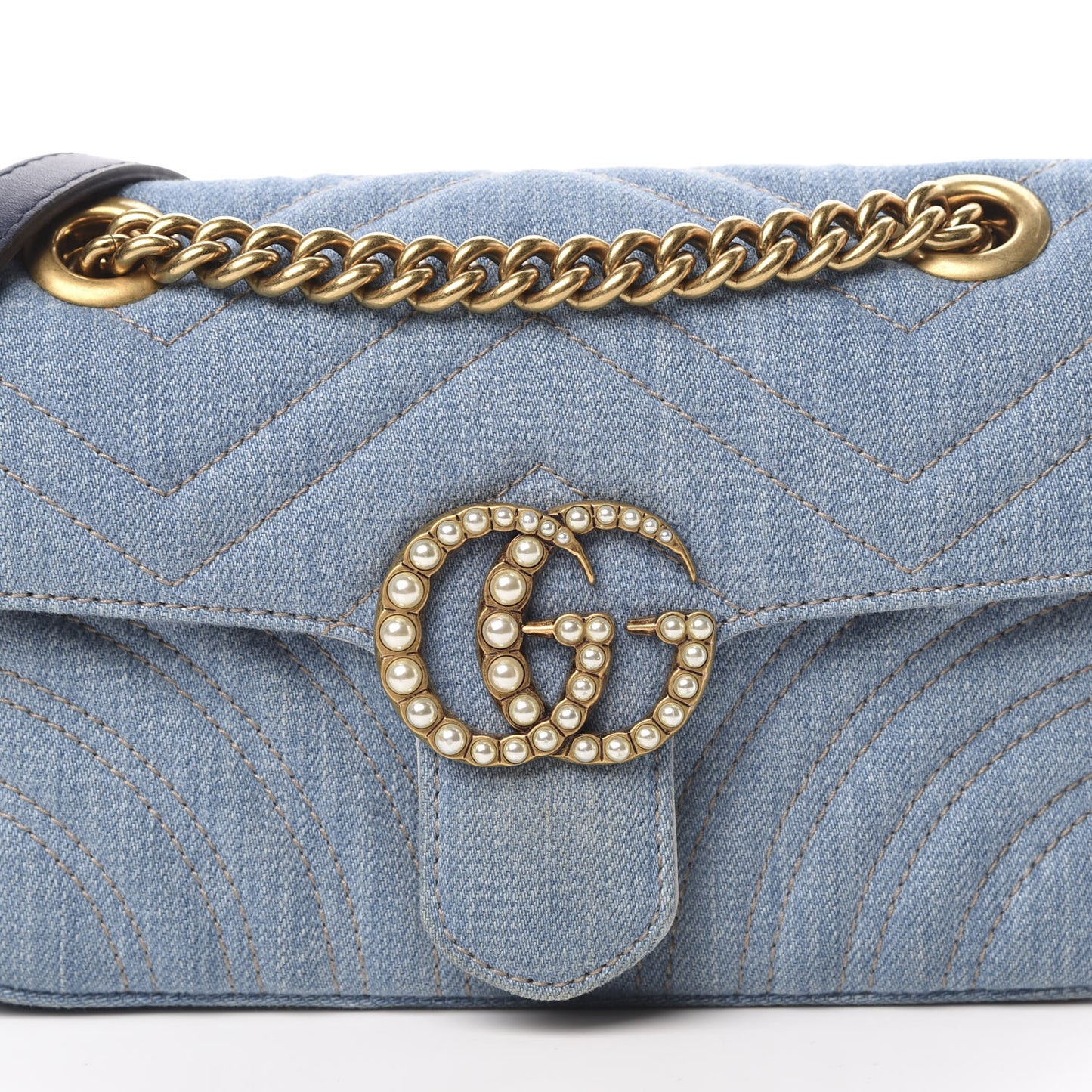 Denim Matelasse Mini Pearly GG Marmont Shoulder Bag Blue