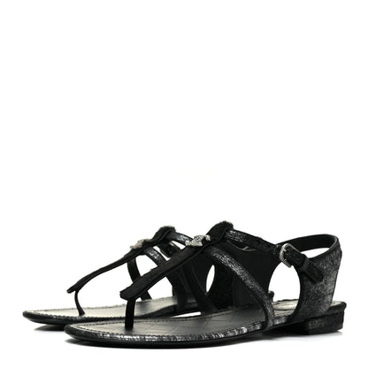 Chanel Metallic Calfskin Pony Hair CC Sandals 37 Black 3 of 9