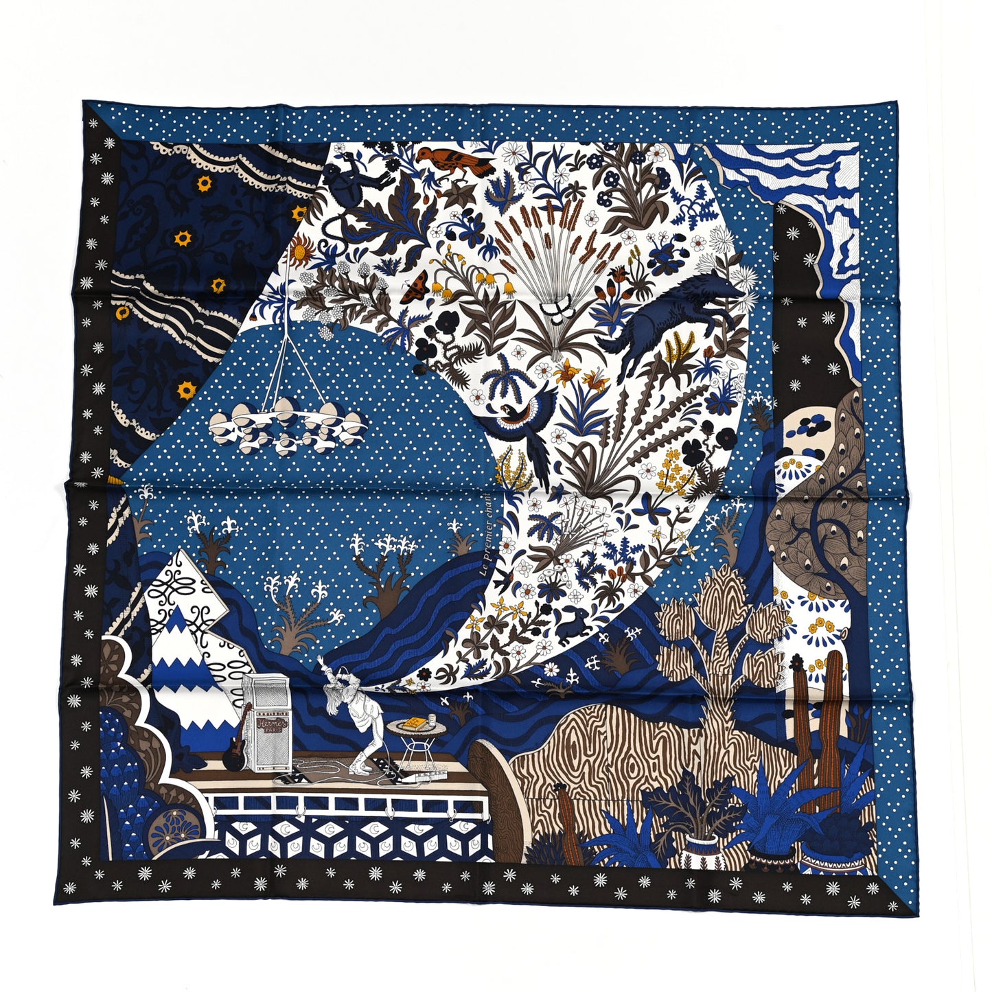 Silk Twill Le Premier Chant Scarf 90 Bleu Nuit White Ebene