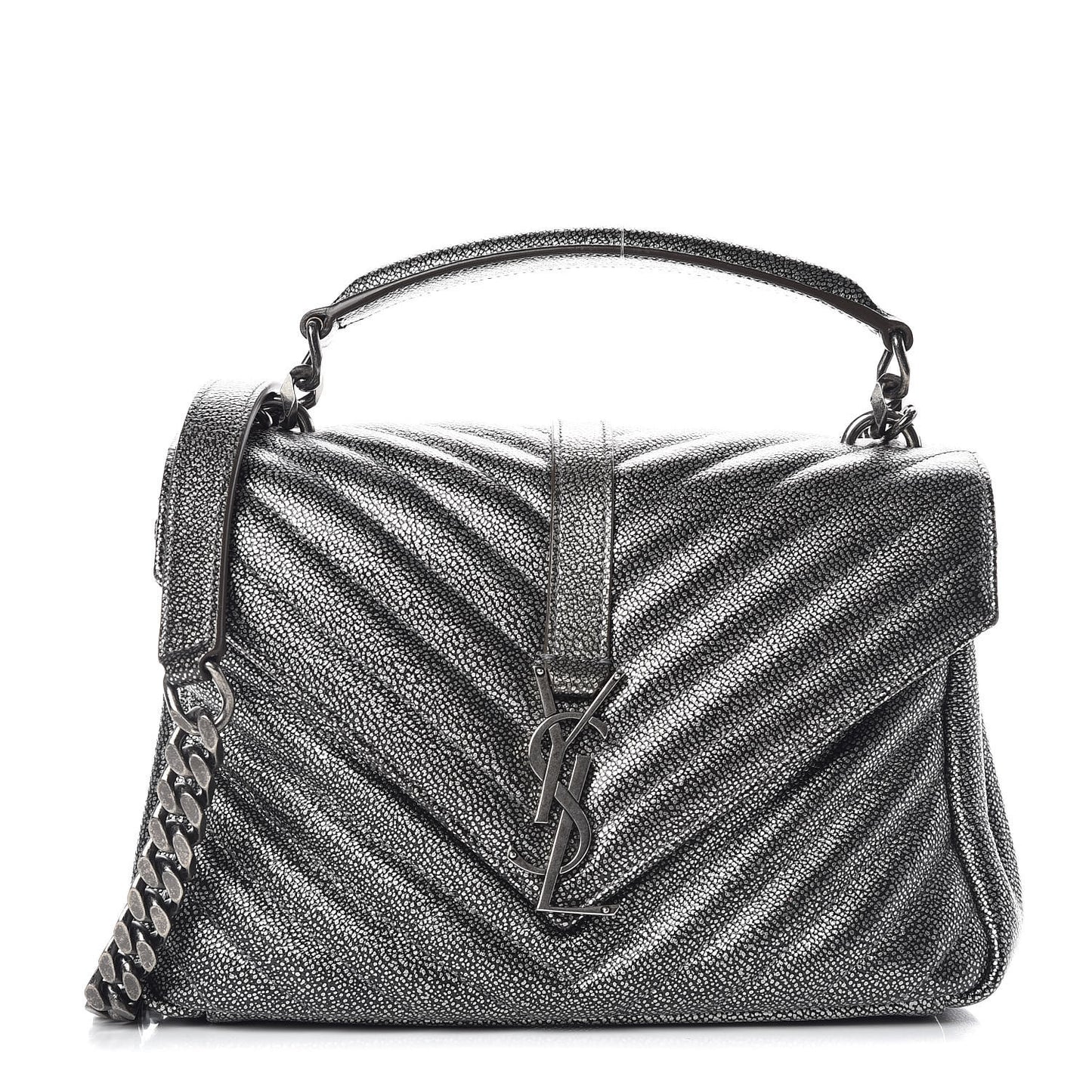 Metallic Grain De Poudre Matelasse Chevron Monogram Medium College Bag Gunmetal