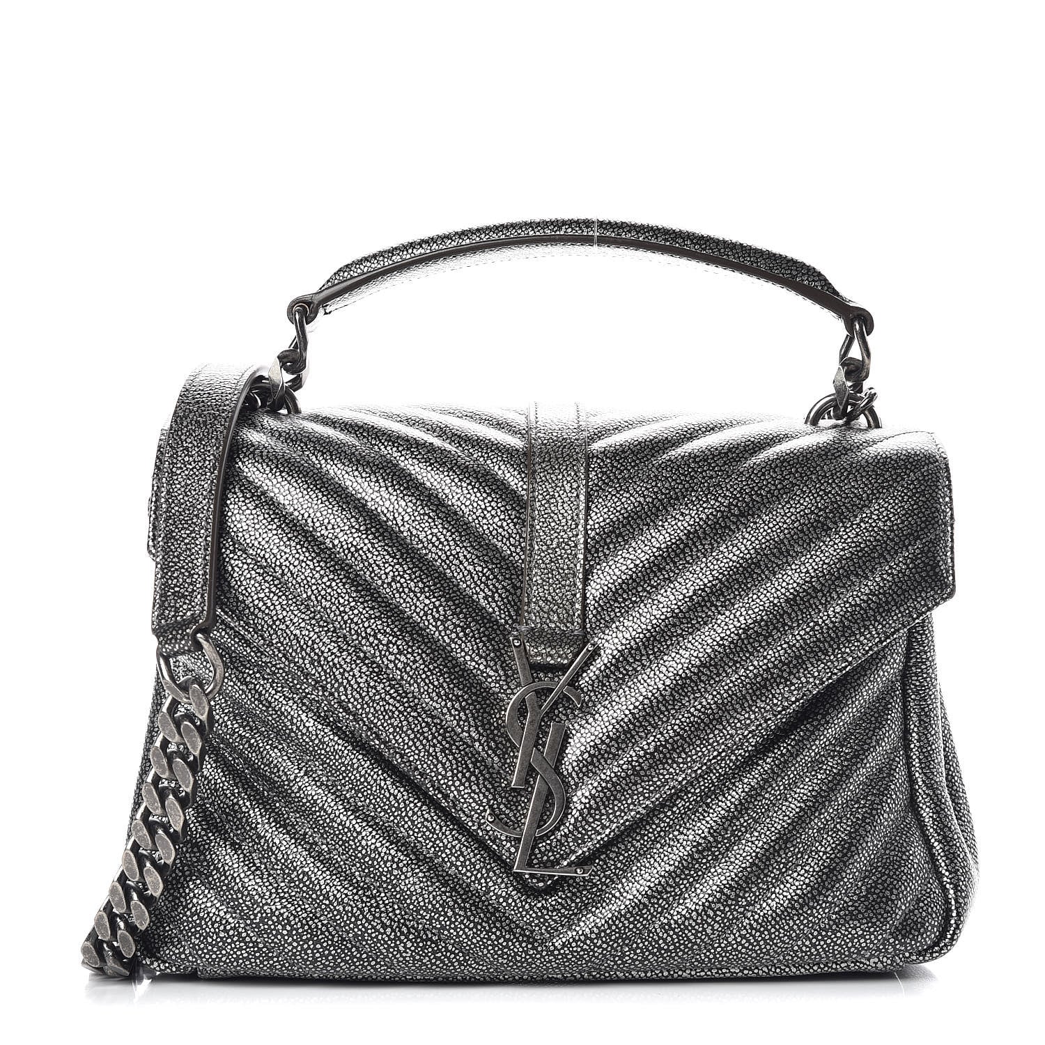 Saint Laurent Metallic Grain De Poudre Matelasse Chevron Monogram Medium College Bag Gunmetal 1 of 9