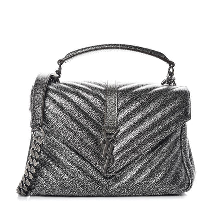 Saint Laurent Metallic Grain De Poudre Matelasse Chevron Monogram Medium College Bag Gunmetal 1 of 9