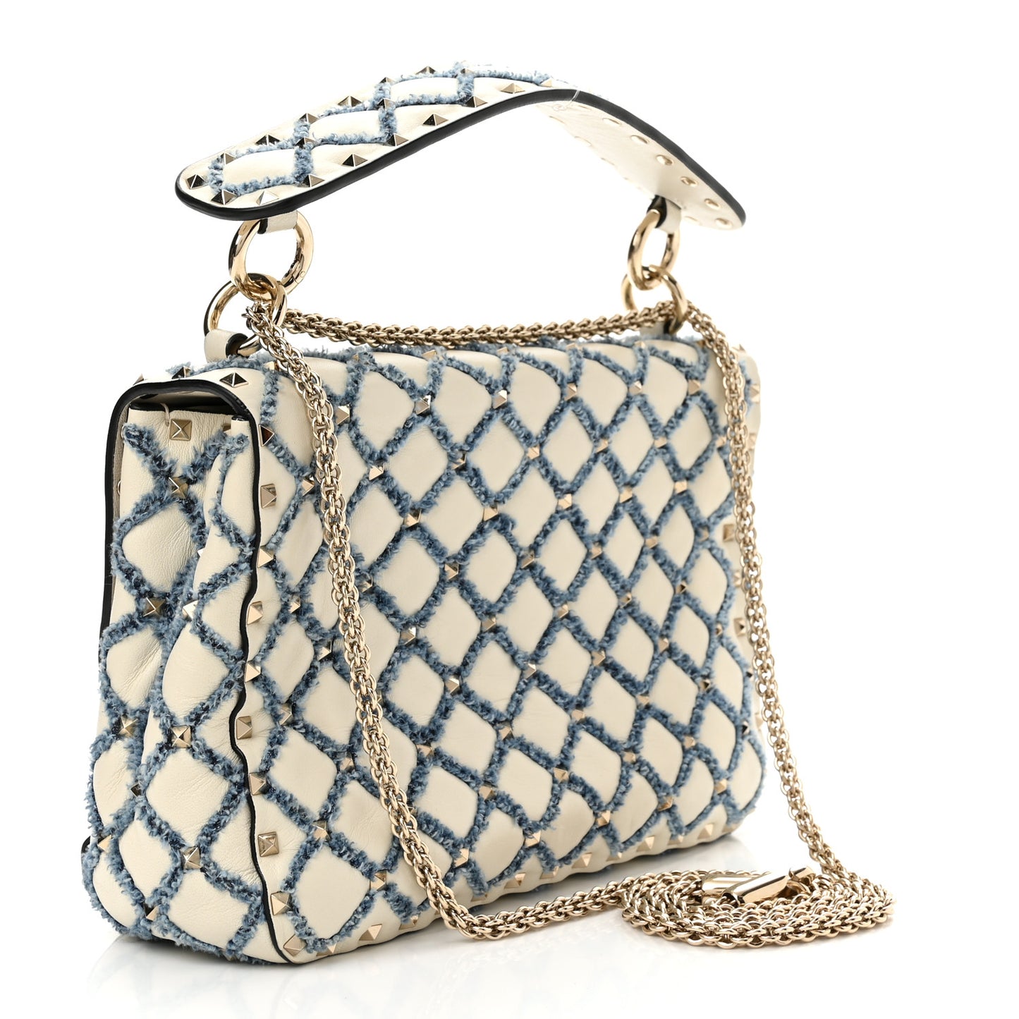 Nappa Denim Quilted Rockstud Medium Spike Shoulder Bag Ivory Blue