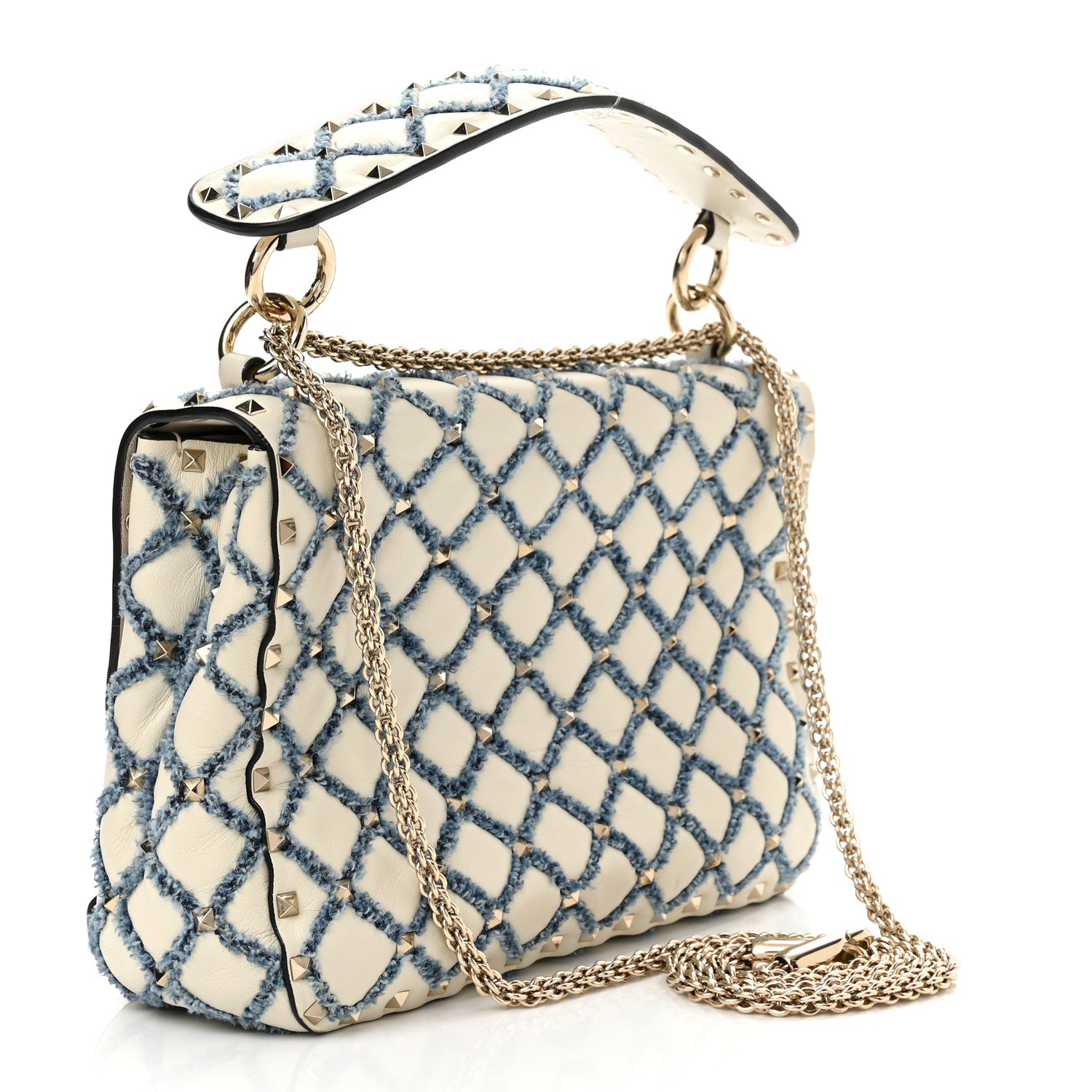 Valentino Garavani Nappa Denim Quilted Rockstud Medium Spike Shoulder Bag Ivory Blue 3 of 9