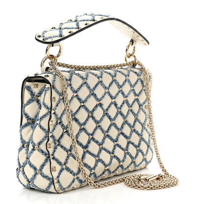 Valentino Garavani Nappa Denim Quilted Rockstud Medium Spike Shoulder Bag Ivory Blue 3 of 9