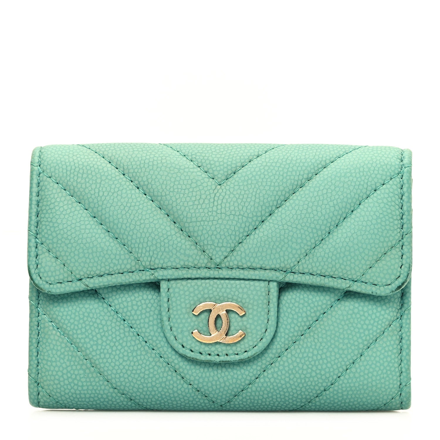 Chanel Caviar Flat Chevron Quilted Flap Card Holder Green 1 of 10
