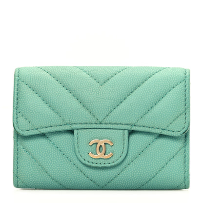 Chanel Caviar Flat Chevron Quilted Flap Card Holder Green 1 of 10