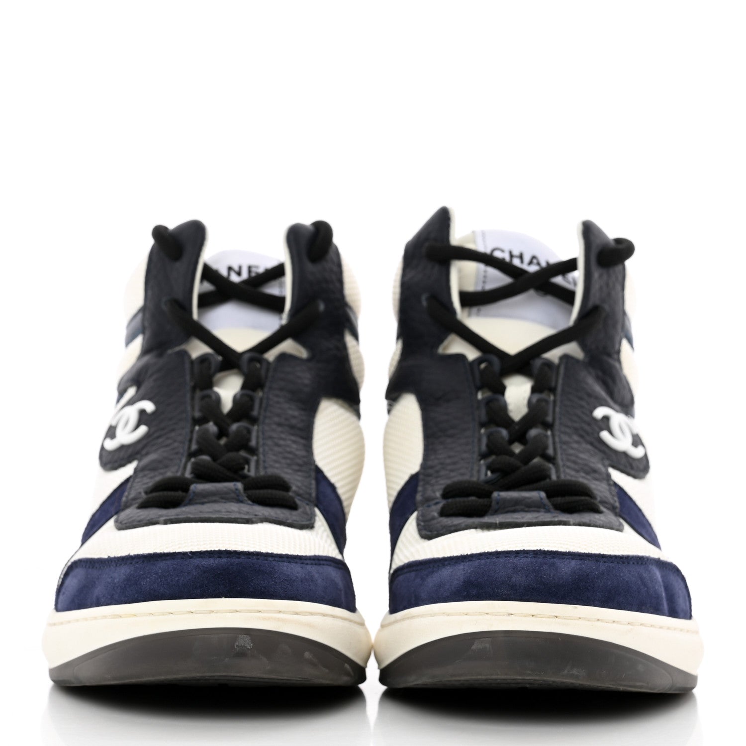 Chanel Suede Fabric Grained Calfskin Womens CC High Top Sneakers 37 White Navy 2 of 21