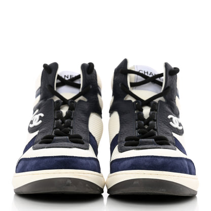 Chanel Suede Fabric Grained Calfskin Womens CC High Top Sneakers 37 White Navy 2 of 21