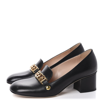Gucci Malaga Kid Sylvie Web Chain Mid Heel Loafers 38 Black 3 of 10