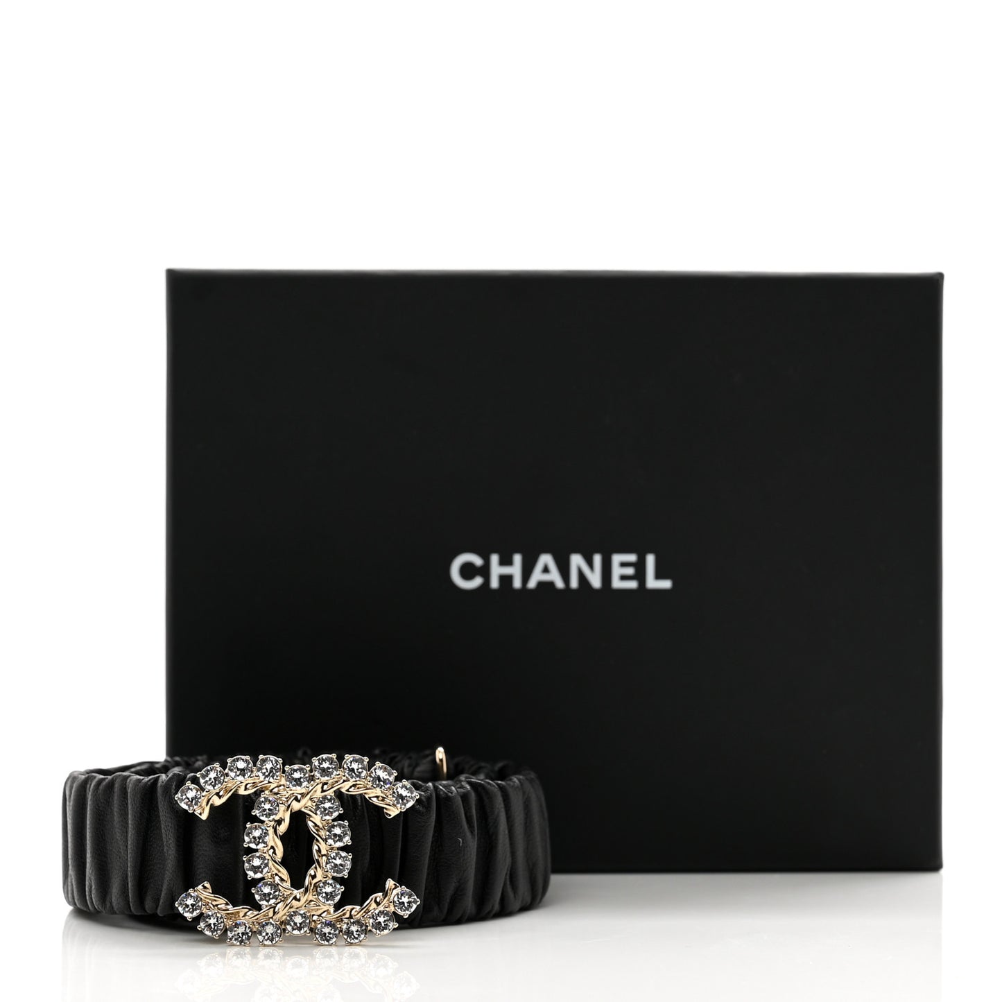 Calfskin Strass Ruched Rope CC Belt 75 30 Black