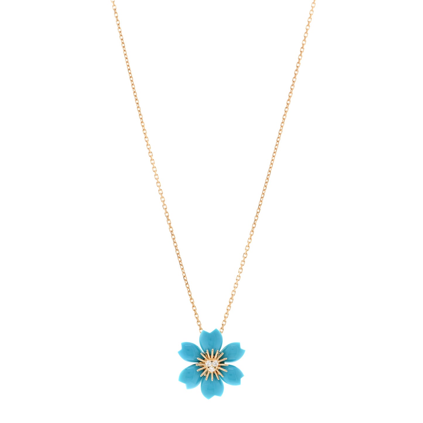 18K Yellow Gold Diamond Turquoise Mini Rose De Noel Pendant Necklace