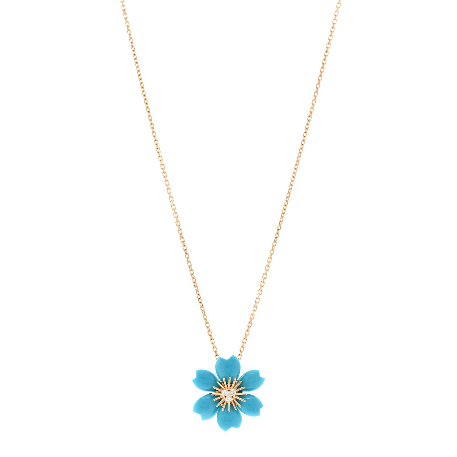 Van Cleef & Arpels 18K Yellow Gold Diamond Turquoise Mini Rose De Noel Pendant Necklace 1 of 5